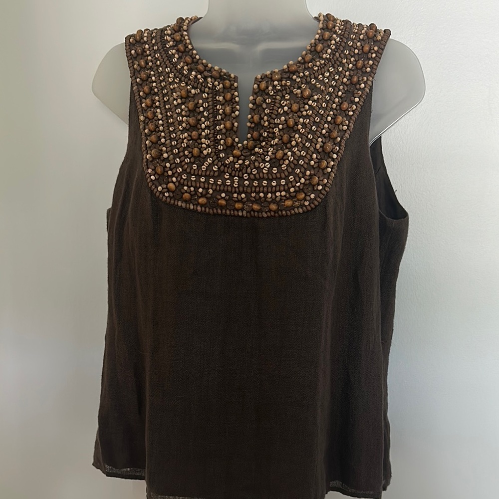 Lafayette 148 New York Embellished Brown Cream Tank Top